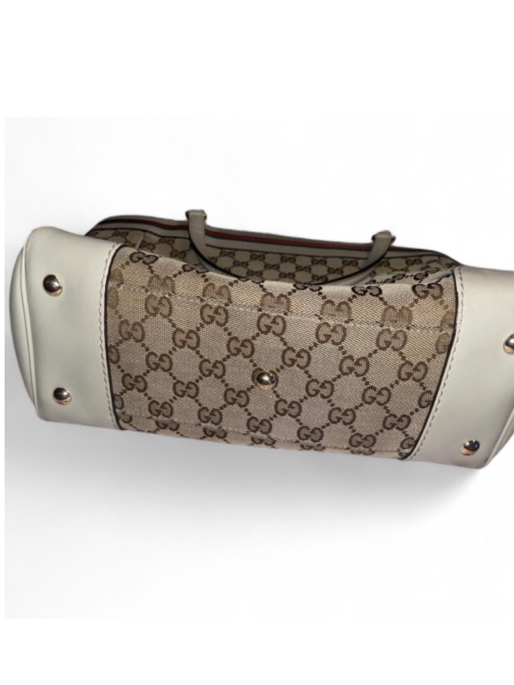 Gucci Beige GG Canvas Tote with Cream Leather Trim and Web Stripe - Picture 3 of 4